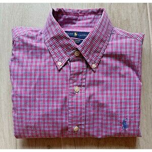 Ralph Lauren Button Down Shirt Mens Med  Red Blue Plaid Long Slv Blue Pony